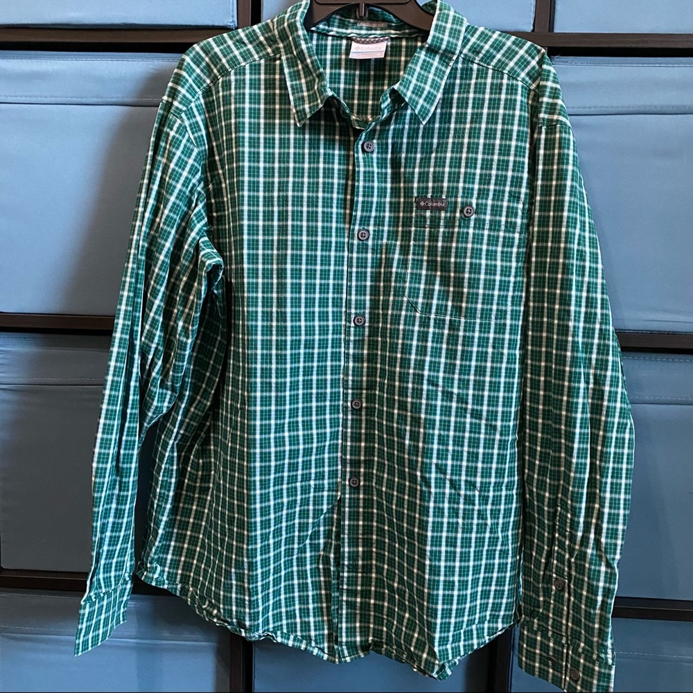 Columbia Regular Fit Mens Long Sleeve Button Front Plaid Shirt Size XL Green